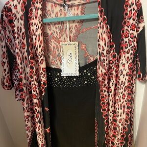 Chic Black and Red Patterned top with Sheer Overlay